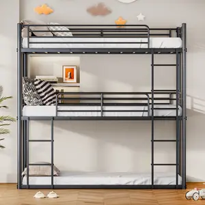Metal Triple Bunk Bed for 3 Kids/Teens, Twin Over Twin Bunk Beds with Full-Length Guardrail & Ladder & Under-bed Storage, No Box Spring Needed