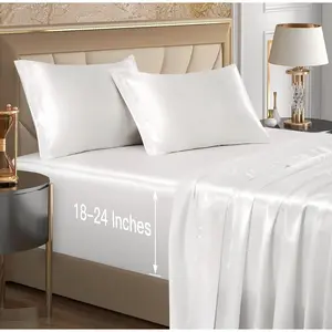 4 count Extra Deep Pocket Satin Sheets Full Size Bed Set,  White Satin Sheet Set Fit 18-24 Inch Deep Pocket Mattress, Silky & Luxury Satin Bedding Set Soft & Ultra Deep Fitted Sheet Set