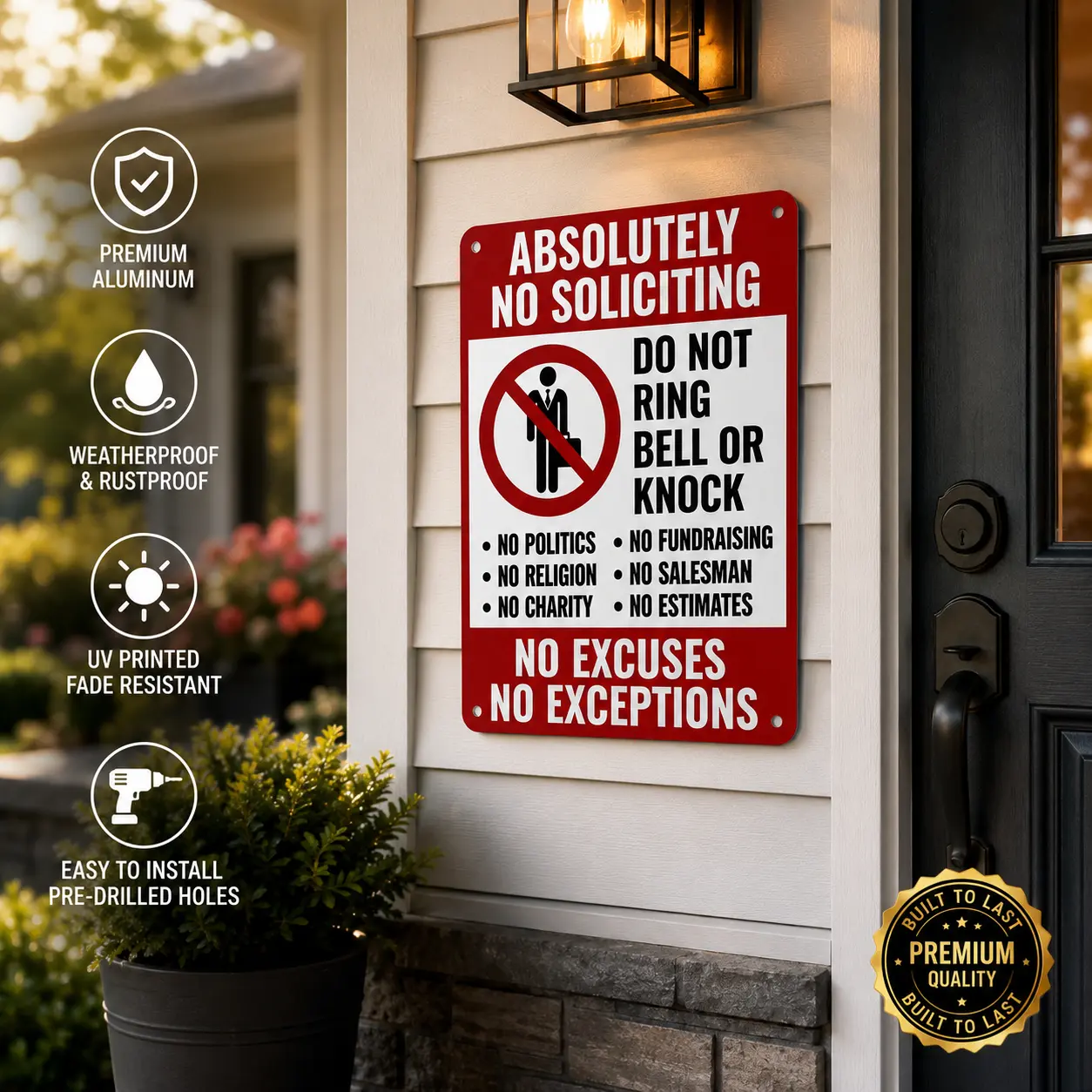 Absolutely No Soliciting Metal Sign – Do Not Knock or Ring Doorbell, Funny Front Door Sign, No Salesman, No Fundraising, Weatherproof Aluminum Door Sign for Home, Porch & Office, 8x12 Inch wall art decor