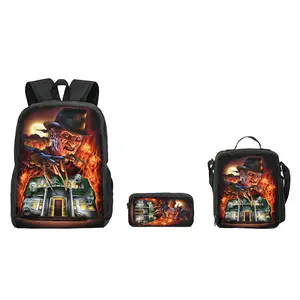 3Pcs Horror Movie Backpack Set Lightweight Large Capacity School Bag with Lunch Bag & Pencil Case Halloween Scary Theme Bookbag for Teens Boys Girls Back to School Gift Trendy Student Travel Backpack
