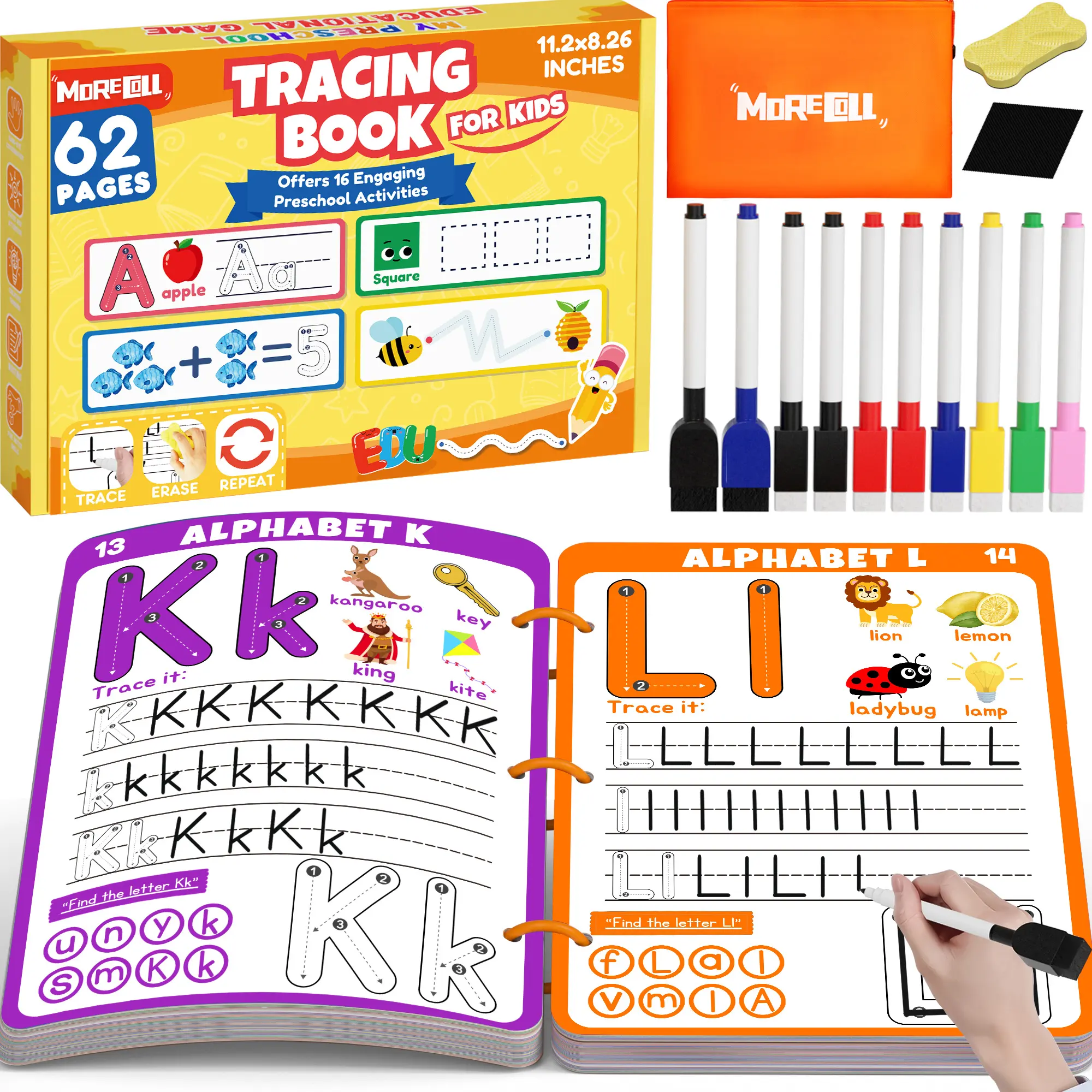 MORECOLL Preschool Learning Activities Educational Workbook, 62 Reusable Pages Pre Kindergarten Workbooks, Number Letter Tracing Books for Kids, Autism Learning Materials, ABC Busy Book for Kids Ages 3-7
