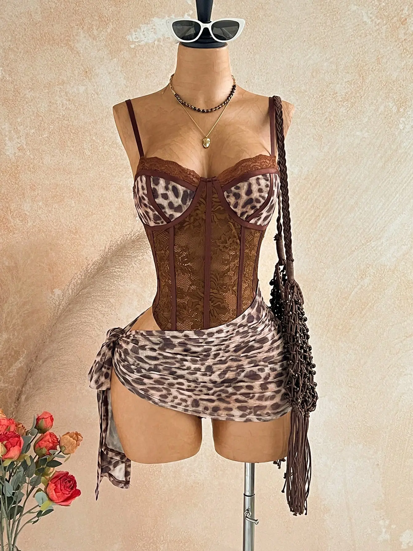 Women's Leopard Print Lace Patchwork Mini Dress | Sexy Spaghetti Strap Dress With Hollow-Out Lace-Up Detail And Flattering Fitted Silhouette | Summer Beach Vacation Holiday Party Festival Date Night Club Night Out Outfit For Women Asymmetrical Bag