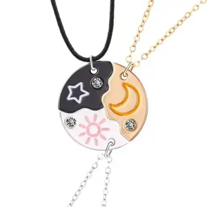 Set of 3 Round Rhinestone Star Moon Sun Friendship Necklaces, BFF Best Friends Forever Cute Fantasy Pendant Jewelry for Unbreakable Bond