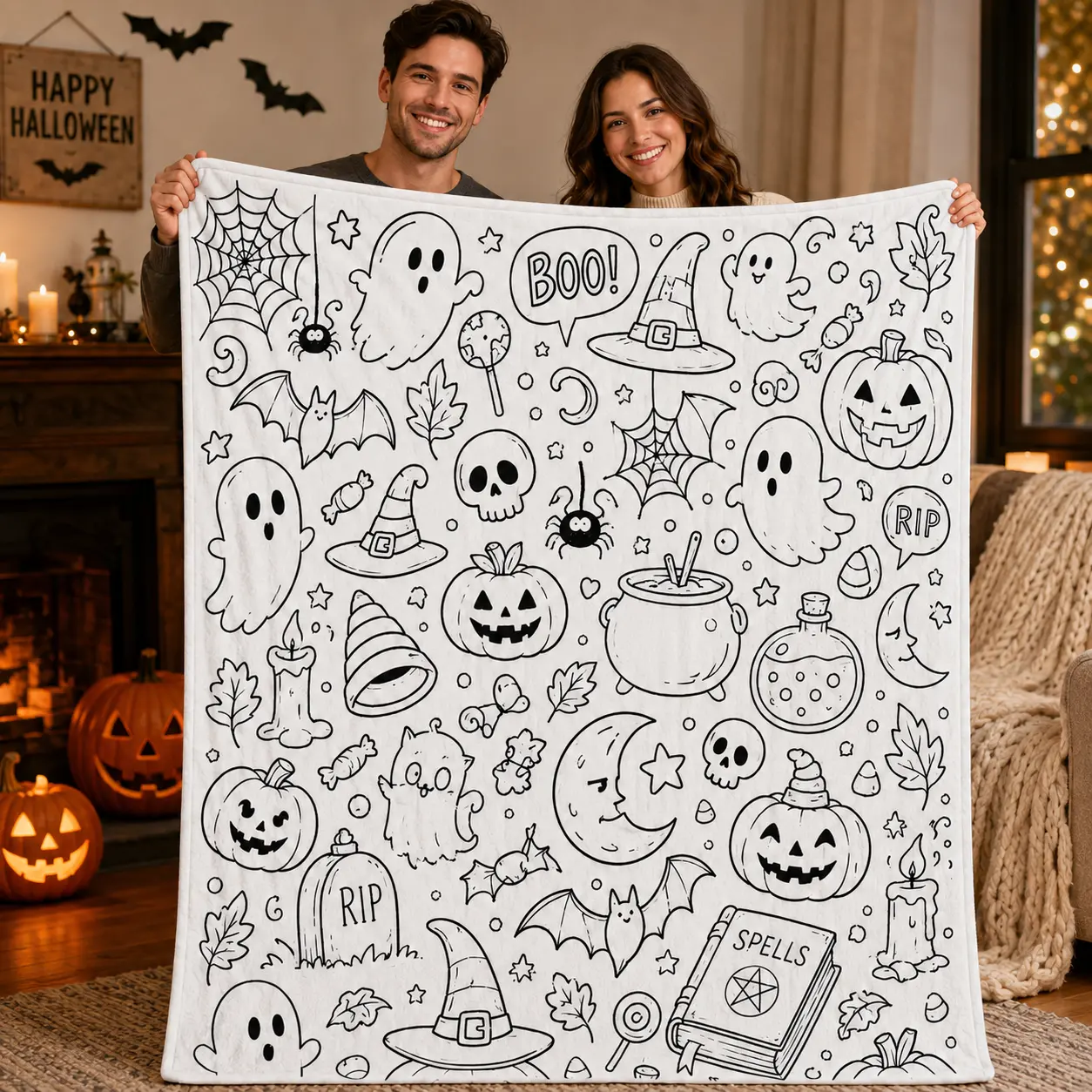 Halloween DIY Coloring Throw Blanket, Soft Flannel Ghost Pumpkin Witch Hat and Bat Doodle Print for Kids Bedroom and Family Lounge Decor, Creative Color Your Own Bed Throw for Movie Night, Halloween Gift for Children and Families