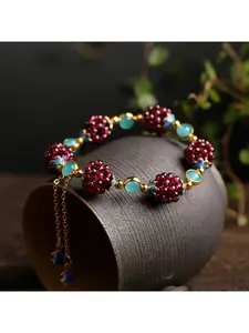 Natural Chinese Style Garnet Bracelet for Women  and Cloisonne Beads Adjustable Bohemian Stone Anklet