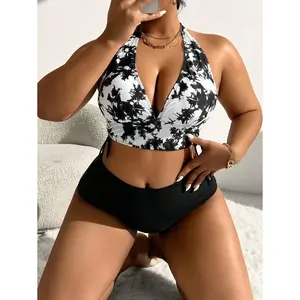 Swim Lushoire Summer Beach Plus Size Tie-Dye Halter Top And Solid Color Bottom Bikini Set Carnival