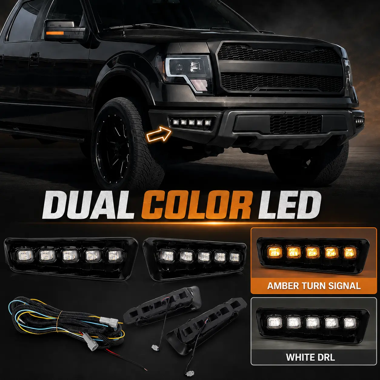 Raptor Style Front Bumper LED Fog Lights Pair Set for Ford F-150 (2009-2014) with DRL, Dynamic Lights, Turn Signals, Plastic Housing & Plug-and-Play Functionality, Left & Right, Raptor Look