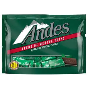 Andes, Crème de Menthe, Mint Chocolate Candy, 8.5 oz. Gluten Free & Peanut Free. Contains Milk.