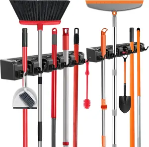 Broom Holder Wall Mount, 2 Packs broom and mop organizer wall hanging broom and mop organizer wall hanging with 5 Ball Slots and 6 Hooks (Black)