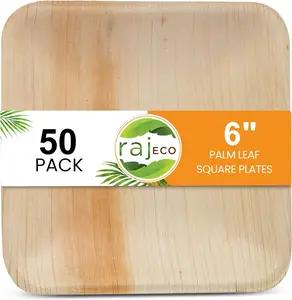 Raj Eco Compostable Plates Bamboo Plates Disposable - 6 Inch 50 Pack Palm Leaf Square Thick Party Plates Better than Plastic