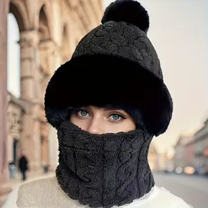 Winter Scarf Set Hooded Hat Set Women Plush Neck Warm Russia Outdoor Skiing Caps Windproof Plush Hat Thick Plush Fluffy Beanies