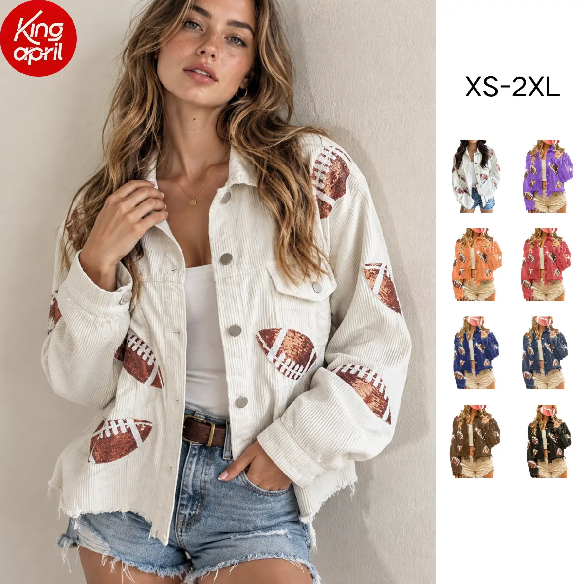 Kingapril Women's Game Day Corduroy Sequin Football Cropped Jacket Rugby Oversized Lapel Button Down Shirt Shacket Coat
