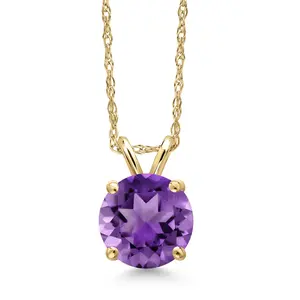 Gem Stone King 14K Yellow Gold Purple Amethyst Pendant Necklace for Women | 1.20 Cttw | Gemstone February Birthstone | Round 7MM | With 18 Inch Chain