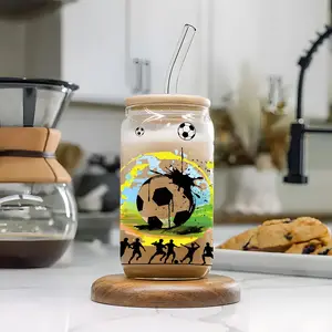 Soccer Theme Splash Design 16oz Glass Can Cup, Tumbler with Lid and Straw, Reusable Glass Drinking Cup, Glass Jar for Iced Coffee, Cold Drinks, Drinkware, Glassware, Glass Water Bottle, Perfect Gift for Soccer Fans, Sports Lovers, Family & Friends