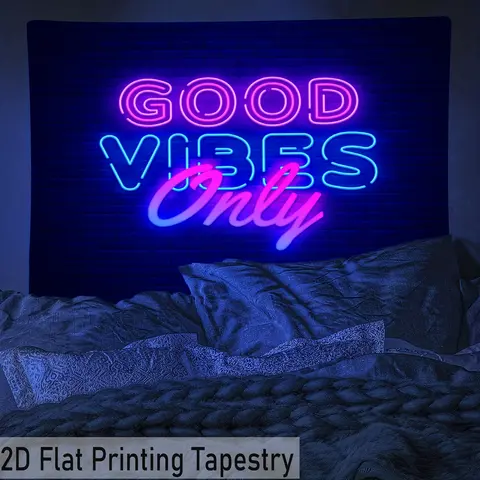1pc Flat "Good Vibes Only" Neon Tapestry - Vibrant Purple & Pink Glow-in-the-Dark Home Decor Wall Hanging, Easy-to-Hang Polyester Fabric for Bedroom, Dorm, Modern Aesthetic Good Vibes Neon Sign Tapestries