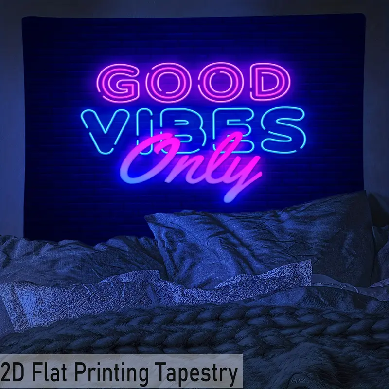 1pc Flat "Good Vibes Only" Neon Tapestry - Vibrant Purple & Pink Glow-in-the-Dark Home Decor Wall Hanging, Easy-to-Hang Polyester Fabric for Bedroom, Dorm, Modern Aesthetic Good Vibes Neon Sign Tapestries