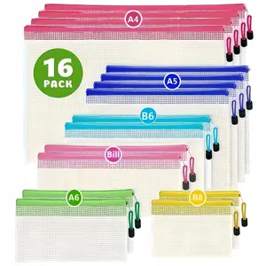 16-piece Set Transparent Zippered Filing Folders in Mesh Bags, File Organizer for Desk, Available in 6 Sizes, Waterproof Travel and Office Storage Bags Ideal for Office Supplies, Small Items, Office Accessories, Plastic Folders