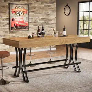 LITTLE TREE 63" Tall Bar Pub Table with Metal Footrest, Rectangular Counter Height Kitchen Dining Table, Industrial Home Bar Unit for Entertaining, Freestanding