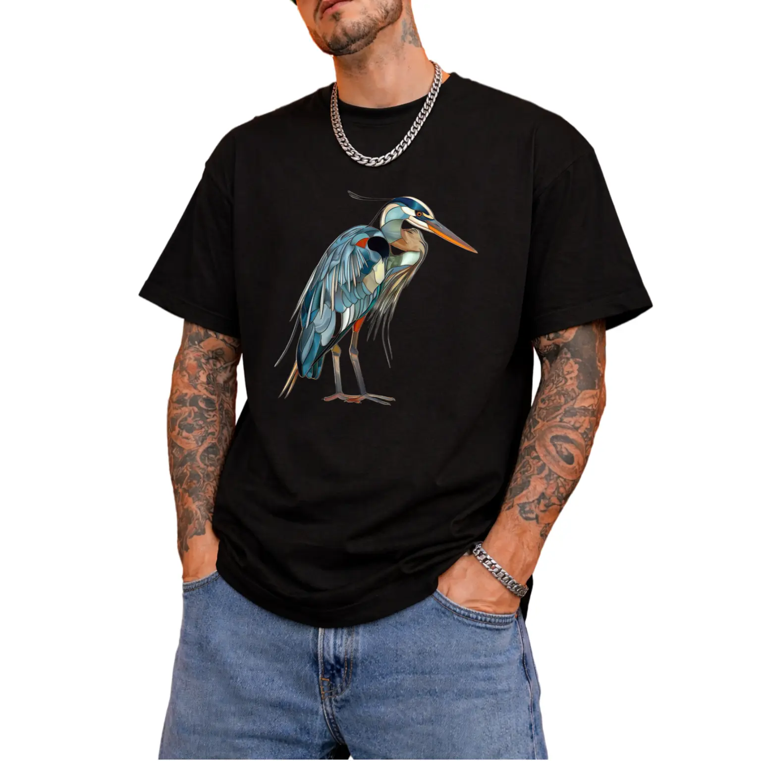 Men'S Unisex Great Blue Heron Stained Glass Print T-Shirt Casual Round Neck Short Sleeve Tee with Blue Heron Egret Design Versatile Clothing Artistic Design ComfortaRetro Machine Washable