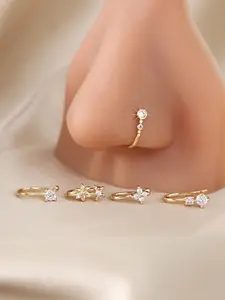 5pcs Rhinestone Decorated Clip-On Nose Rings Stainless Steel, Adjustable Fake Nose Piercing Jewelry, Fashionable Hip-Hop Accessories, All Seasons