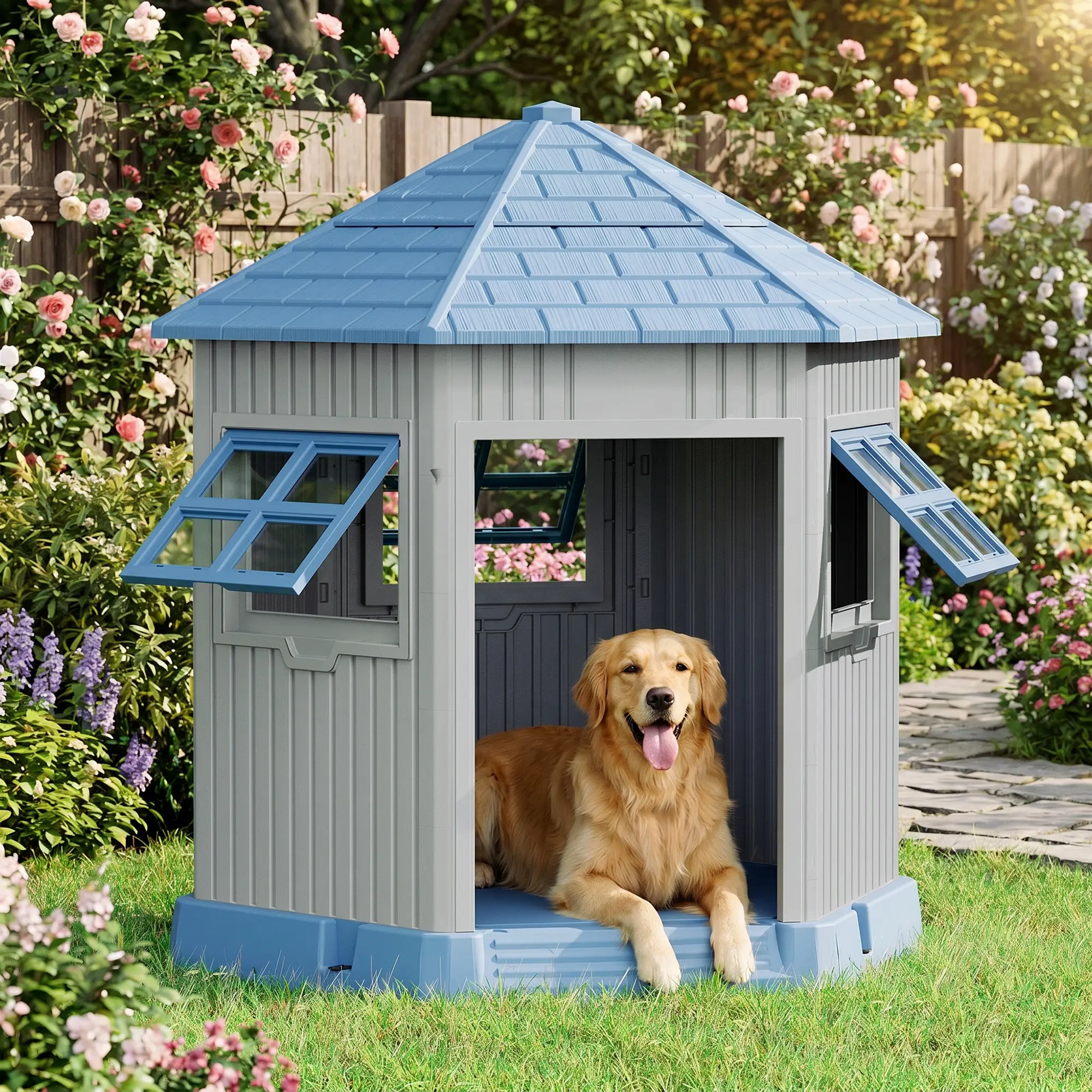 RIWENGO Dog House Indoor Outdoor, Weatherproof Dog Shelter with Elevated Floor, Air Vents & Window for Small to Medium Dogs, Easy to Clean & Assemble