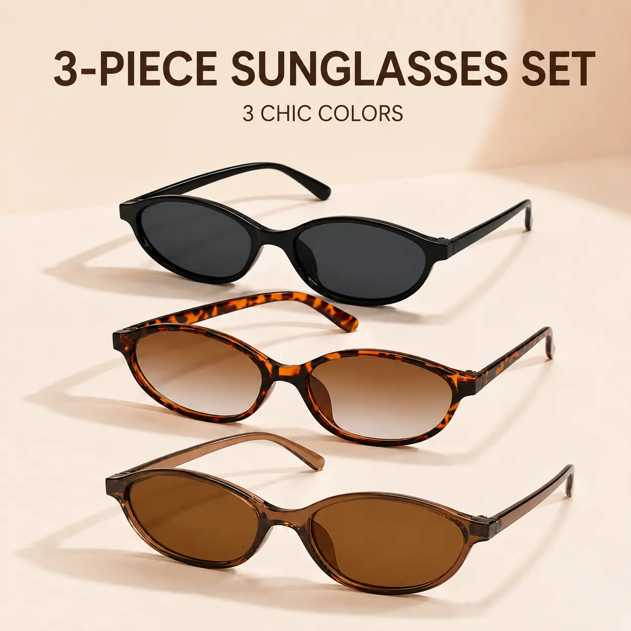 [Summer Vibes]3 PCS Retro Oval Sunglasses for Women Chic Cat Eye 90s Sunnies Lightweight Narrow Shades Trendy UV Protection Sunglasses Vintage Rich Girl Sunglasses Women Sunglasseswomen - MM2