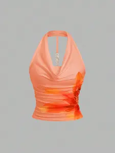 Women's Floral Print Halter Top, Deep V Neck, Side Ruched Design, Sexy Vacation Style, Daily/date/beach/party, Highlight Body Curves