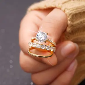 14K Gold Plated 3 PCS Stackable Engagement Rings Set,Cubic Zirconia Vintage Jewelry Anniversary Promise Vintage Ring