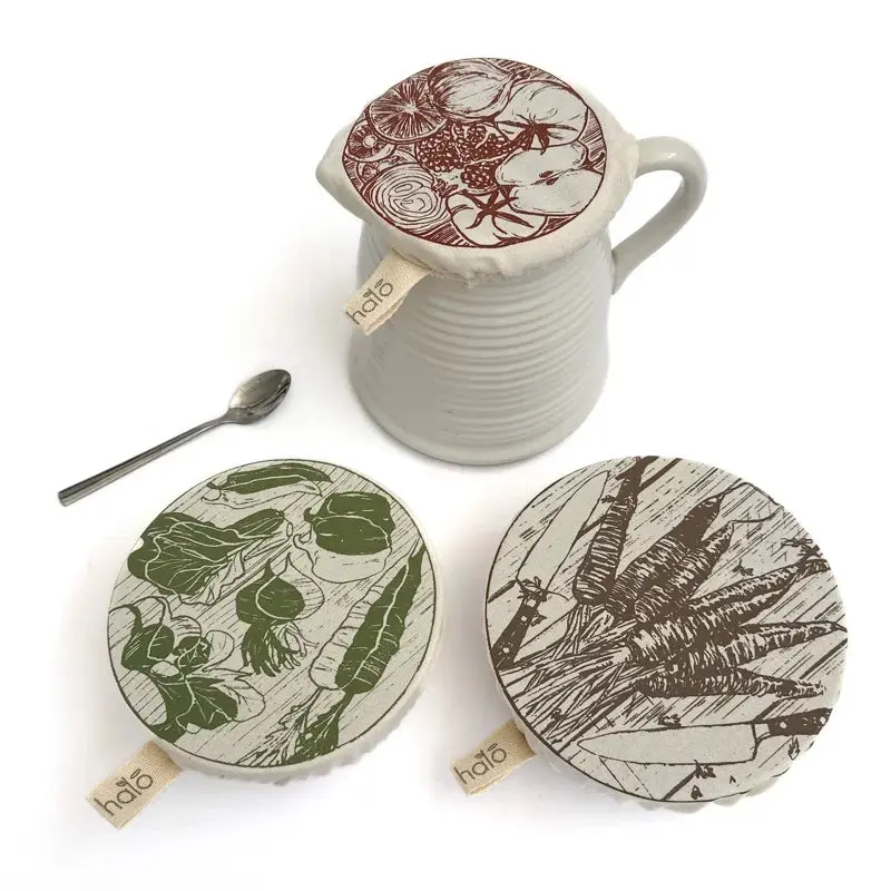 Organic Cotton Kitchen Dish Covers - Small Set of 3, Handmade Farm-to-Table Food Preserving Containers for Pasta, Jugs & More
