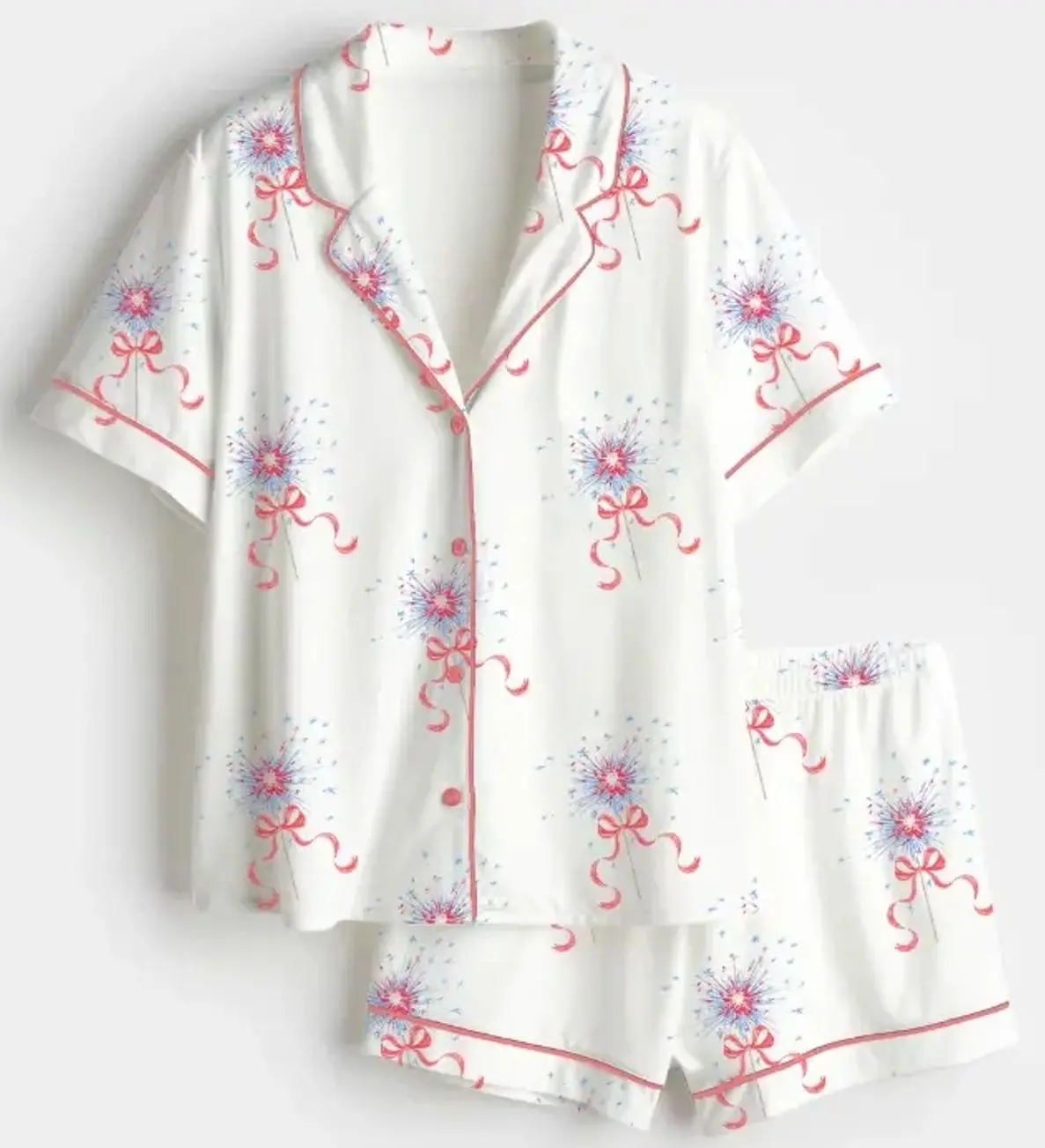 Women's Preppy Bow Sparkler Satin Pajama Set, Patriotic 4th of July Sleepwear (no pocket)