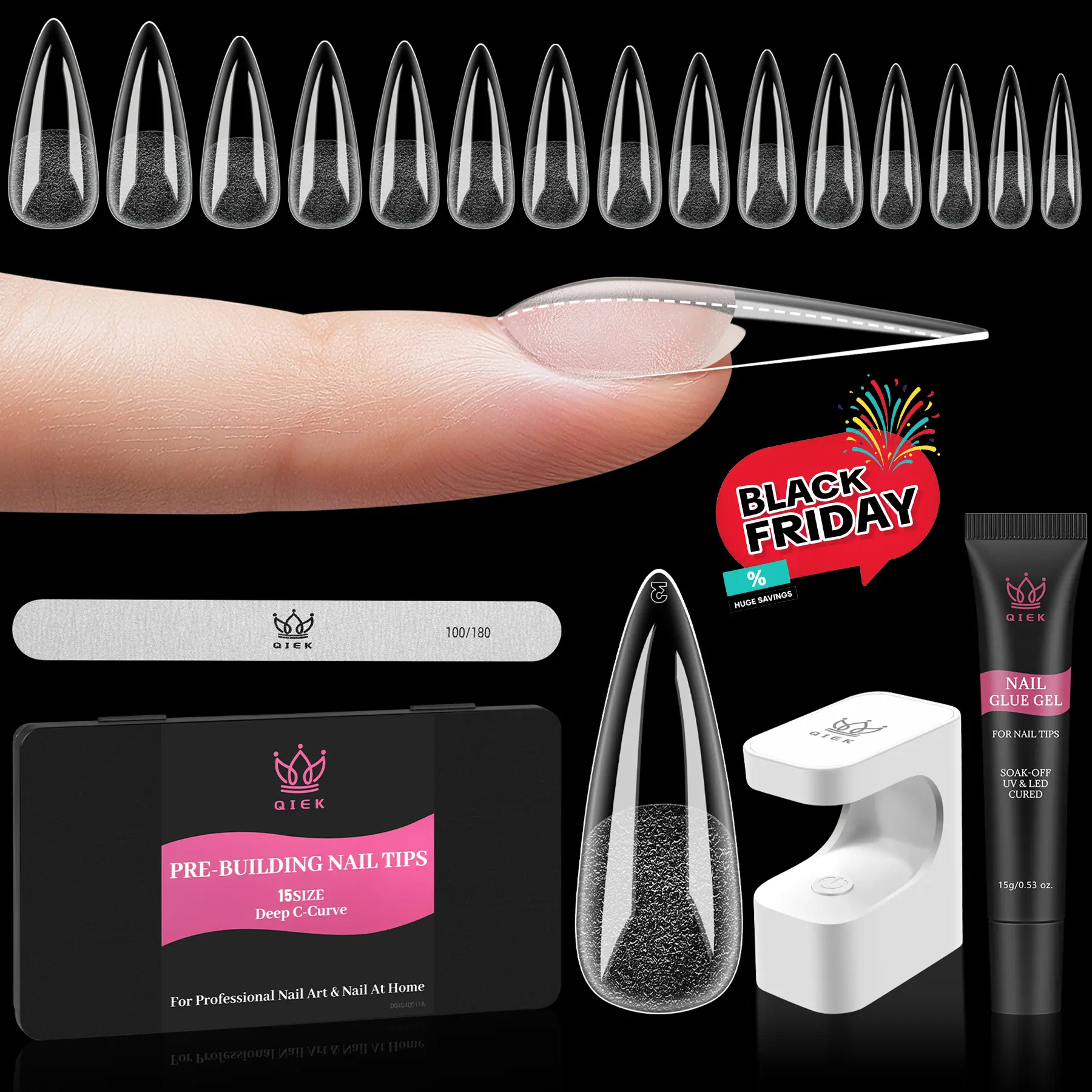 Qiek Pre-Building Nail Tips Kit, 15 Sizes 240 PCS Pre-shaped Apex Clear Thick Extensions Tip Soft Half Matte Press On Fake Nails Glue Gel Nail Lamp for DIY Beginners & Salon Manicure, Holiday Haul