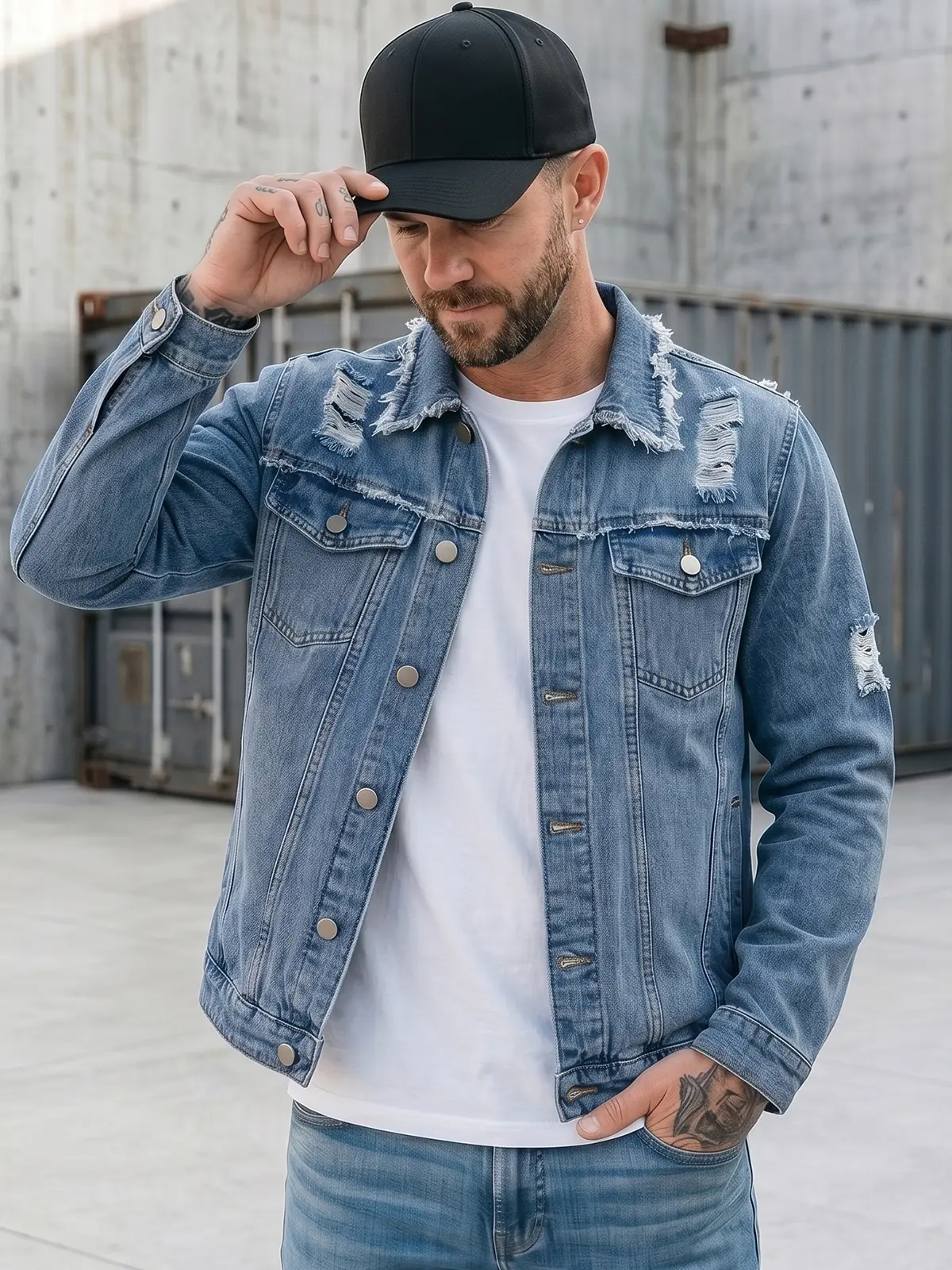 Men's Ripped Rigid Denim Jacket - Tailored Fit Plain Heavyweight Cotton Long Sleeve Trucker Top, Menswear, Tops, Collars, Grunge Vibe, Button Front, Fitted, Tracker Cut, Woven