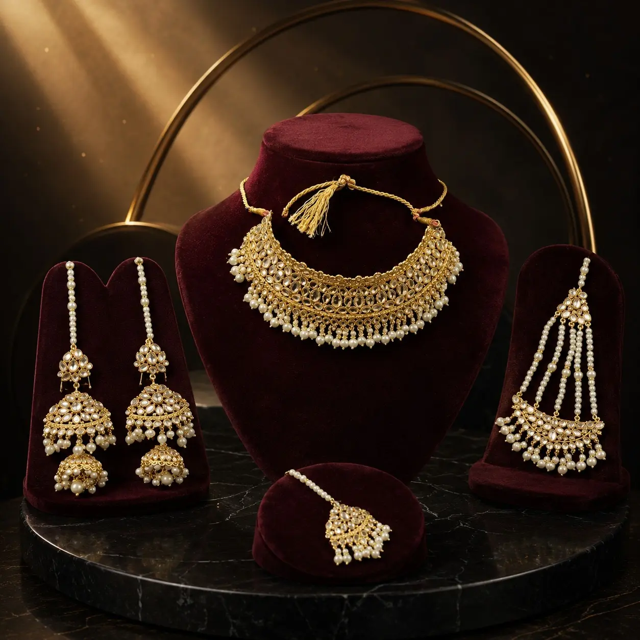Kundan Artificial Jewelry Set Choker Necklace Earrings Maang Tikka Passa Pearl Indian Pakistani Wedding Jewelry Set for Women