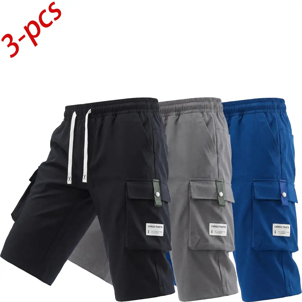 Men’s summer casual cargo shorts — elastic drawstring waist, multiple pockets, and letter appliqué design; regular fit, mid-rise non-stretch fabric; suitable for everyday wear and leisure activities; non-see-through fabric; menswear; minimalist style; Tik