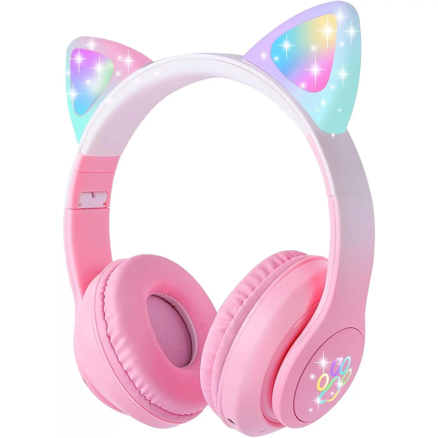 P-HPS04 Over Ear Kids Bluetooth Headphones (Pink) - Girls' PC/Mobile Audio Device with Adjustable Headband, Soft Ear Cushions, RGB LED Lights, Foldable Stereo, Built-In Mic, Button Control, Wired-Wireless Mode, Headphone Jack, Cable, School Gift