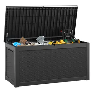 260 Gallon Resin Deck Box, Weather Resistant Outdoor Rattan Storage Box, Lockable Indoor Outdoor Storage for Supplies and Essentials, Black