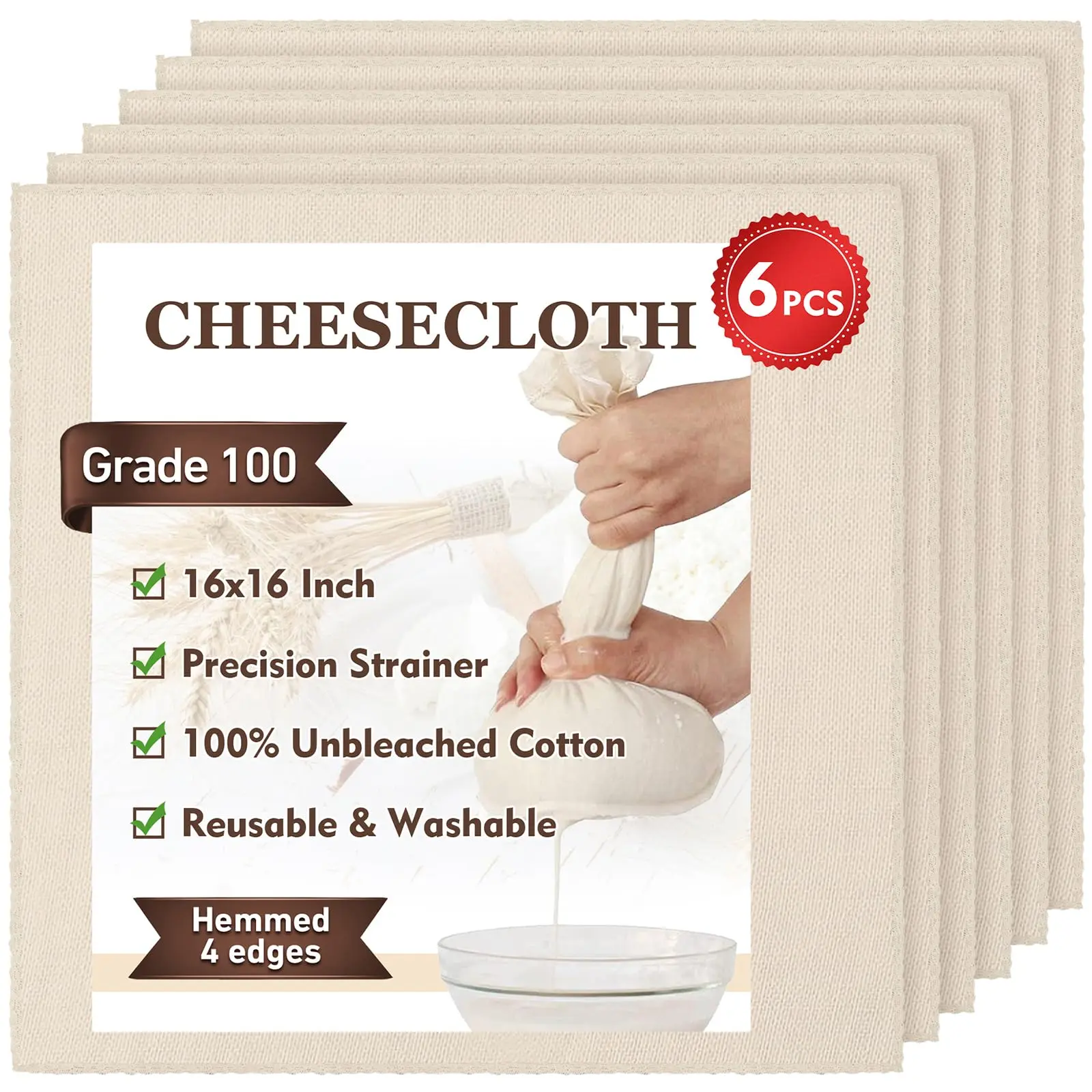 6 PCS Reusable 16x16 In Cheese Cloths for Straining,100 Grade Ultra Fine 100% Unbleached Cotton - Reusable Unbleached Cotton Strainer for Cooking, Baking, Juicing, and Cheese Making