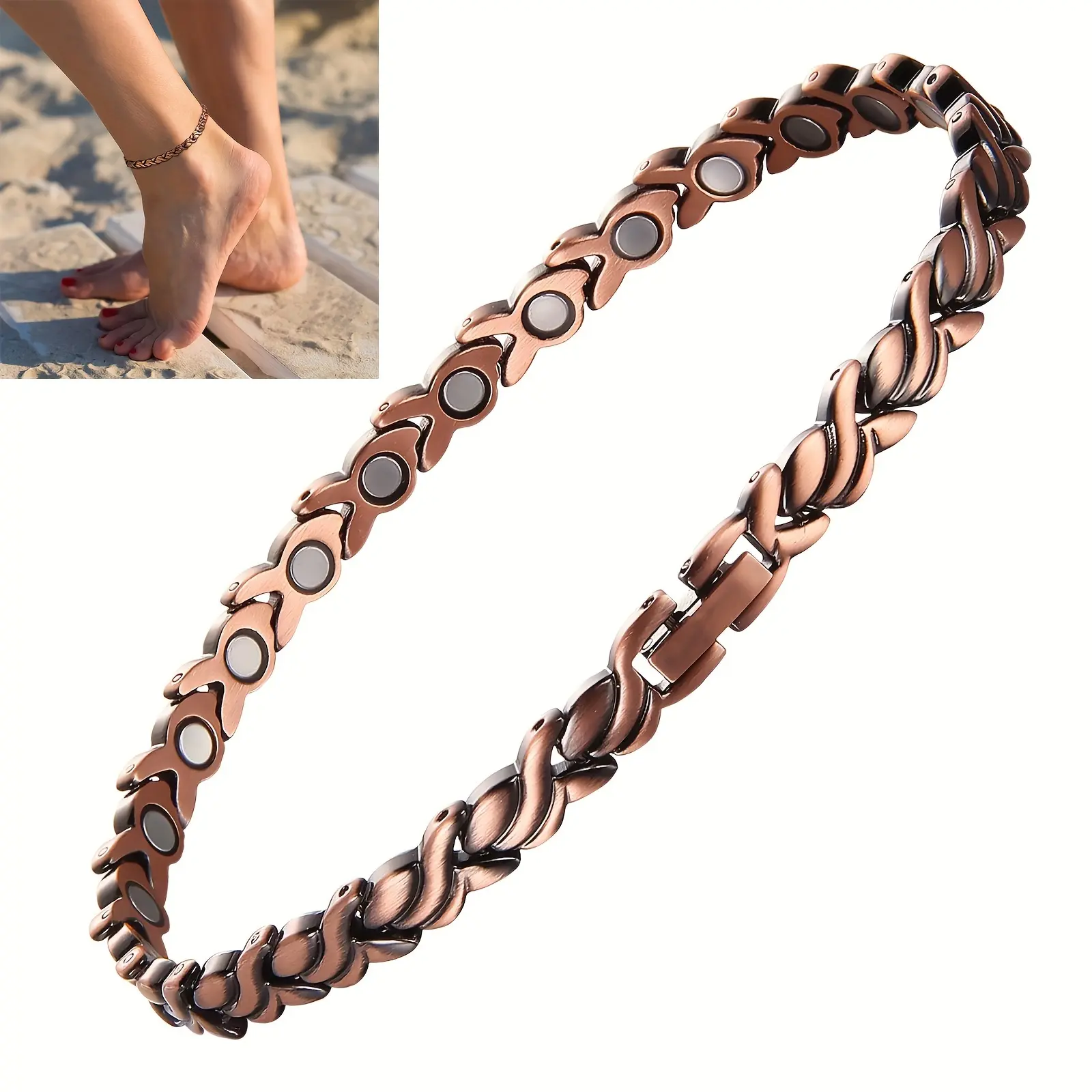 Pure Copper Leaf Anklets for Women, Elegant Magnetic Summer Jewelry - Adjustable Fit with 3500 Gauss Powerful Elements