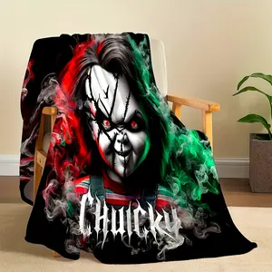 1pc Soft Warm Plush Polyester Knitted Chucky Horror Flannel Fleece Throw Blanket - Machine Washable, Multi-Purpose, Contemporary Style, Cartoon Theme, 200-250gsm, for All Seasons, Sofa Bed Travel Camping, Gift for Family and Friends