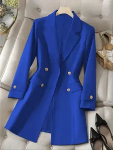 Elegant Women's Office Thin Fitted Blazer Jacket, Lightweight Fabric, Double Button Design, Pockets and Waist Closure, Long Sleeve, Spring/autumn Wear
