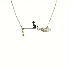 Retro black cat and flying broom pendant necklace, animal-themed charm, Halloween jewelry accessory, suitable for all seasons and daily wear