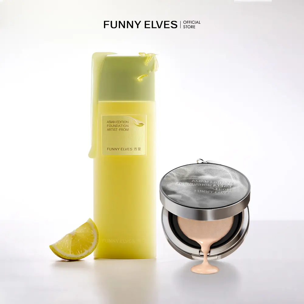 Funny Elves E01 2-Piece Aesthetic Makeup Set - Long-Lasting Cushion Foundation (1.0, 12g) and Prep & Prime Primer Essence (100ml) for Personal Care, All Skin
