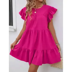Women’s summer solid-color round-neck loose babydoll dress with ruffle trim — casual fabric vacation beach outfit