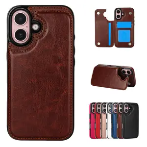 Solid Color Dual-Buckle Magnetic "Crazy Horse" Leather Case for iPhone 17 Pro - Integrated Card Wallet, Flip Cover with Card Slots, Protective Skin for iPhone 15, 13, 12, 17 Air, and 14 Plus