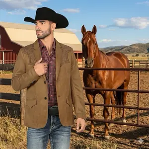 MONTERO MENS Western Embroidery camel FABRIC BROWN eMBROIDERY Double Button Blazer MT2182 Faux Suede, Medium Length, Hand Wash Only, All Seasons, Plaid Pattern - Menswear, Coats.