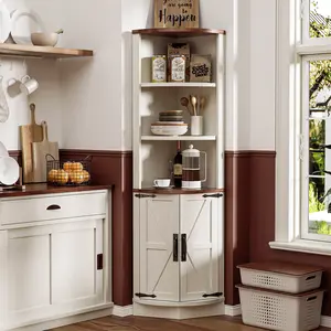 AHB  63" Tall Corner Storage Cabinet with Shelves and Doors, Antique White Farmhouse Cabinet for Kitchen, Living Room, Dining Room, Narrow Space Saver Organizer for Small Home Entryway