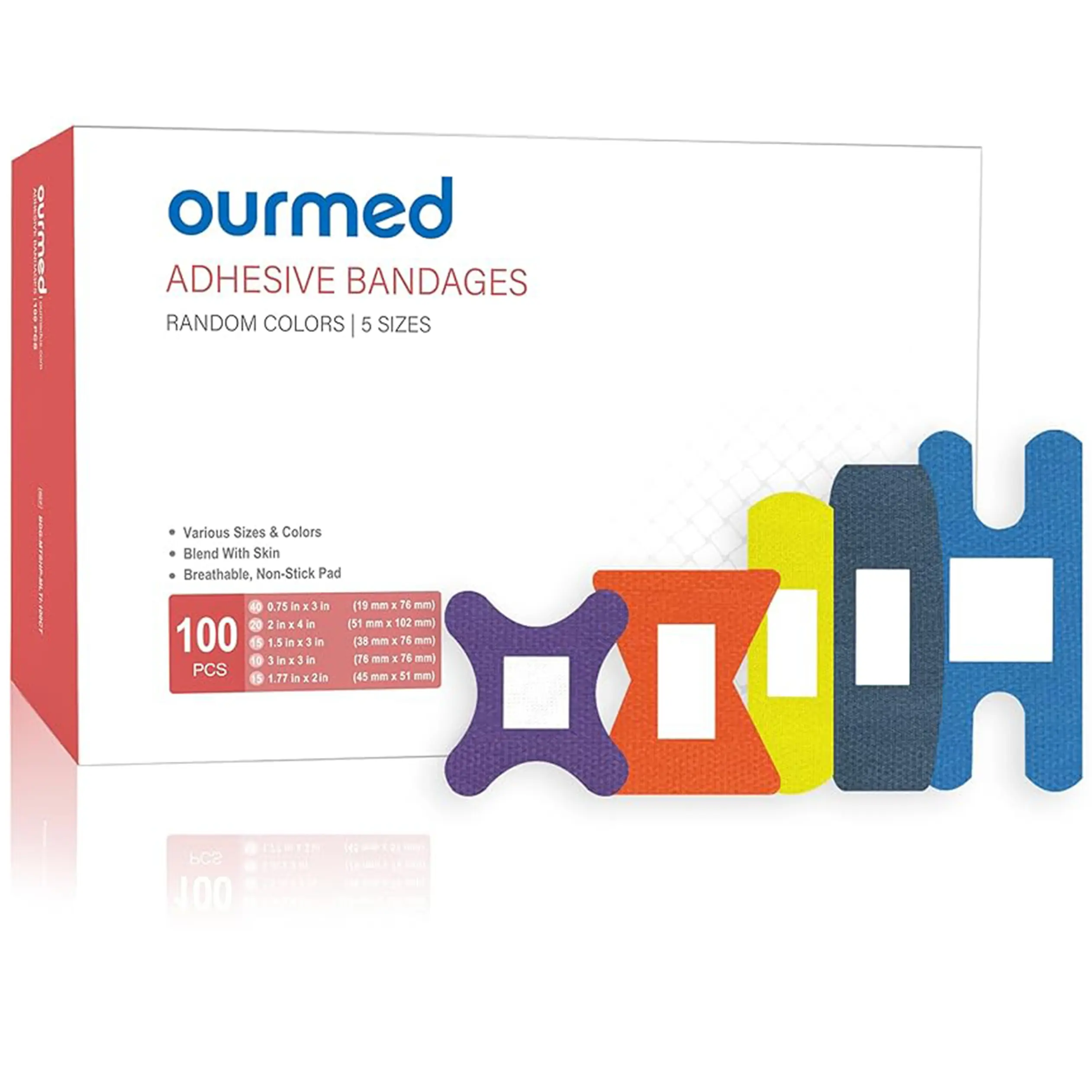 Ourmed Patterned Flexible Fabric Adhesive Bandages, Rainbow Color Multi-Pack (200/100 Count) Assorted Sizes, Latex-Free Breathable Long-Lasting, Non-Stick Absorbent Pad for Daily First Aid Wound Care, Minor Cuts and Scrapes | summer, Various Sizes, Strong