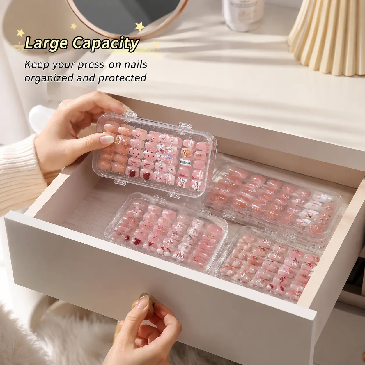 1-Piece Transparent Triple-Fold Vanity Nail Art Organiser, Expandable Large-Capacity Portable Storage Containers Set for Press-On False Nails