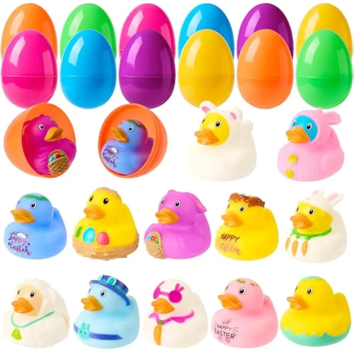12pcs Prefilled Easter Eggs with Rubber Ducks, Easter Bath Duckies Basket Stuffers for Toddlers & Babies, Bathtub Toys Easter Egg Hunt, Classroom Prizes for Kids