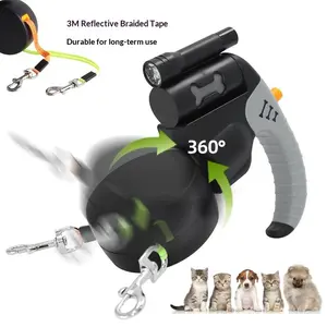 Dual dog retractable leash – features our superior ergonomic handle – tangle-free design. Each leash supports dogs up to 50 pounds and extends up to 10 feet. Easy to lock and unlock. Reflective webbing.